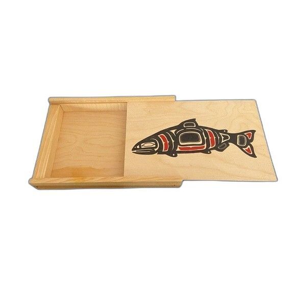 Vintage Wood Salmon Box North West Fish Sliding Lid Stash Box - Picture 5 of 5